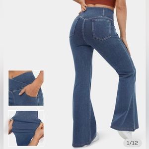 High Waisted Crossover Pocket Washed Stretchy Knit Denim Super Flare Pants